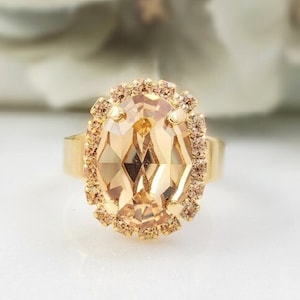 OVAL Gold Topaz Crystal Ring, Gold Citrine Adjustable Band Ring, Oval Yellow Sapphire Champagne Diamond Ladies Ring One Size Jewelry R3052A