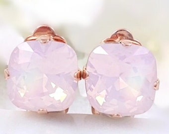 NEW Pink Opal CLIP ON Earrings Pretty Rose Quartz Crystal Non-Pierced Studs, Rose Gold Pink Birthstone Jewelry, Square Cushion Cut CL1009A