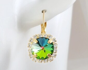IRIDESCENT GREEN EARRINGS Gold Color-Changing Rainbow Crystal Drops, Jewelry Gifts for Her, Colorful Green Blue Purple Rhinestones E3165A