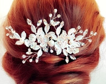 SILVER Crystal Jeweled Haircomb or Rose Gold Rhinestone Hair Comb, Matching Floral Hair Pins, Two Flower Hairpins, Elegant Hairpiece H2014A