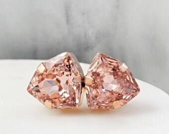 Rose Gold Morganite Amethyst or CLEAR DIAMOND EARRINGS, Trilliant Studs, Faceted Crystal Triangle Stones Vintage Rhinestone Jewelry CE10046