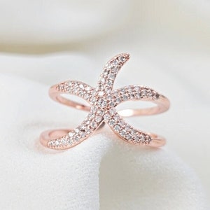 STARFISH RING SILVER or Rose Gold Adjustable Starfish Ring, Ocean Jewelry for Beach Weddings, Cz Diamond Crystals, Bridesmaid Ask R2111