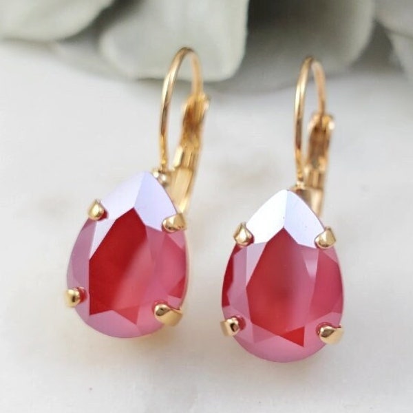 RUBY TEARDROP EARRINGS Gold Red or Mint Teardrop Crystal Dangles, Pearshaped Jewelry Gifts, July Birthstone, Dangling Ruby Droplets E3612A