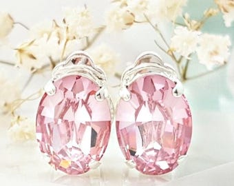 PINK CLIP ON Earrings Silver Rose Pink Tourmaline Studs, Oval Crystal Non-Pierced Stud Gifts, Rose October Birthstone Jewelry Gifts CL1053