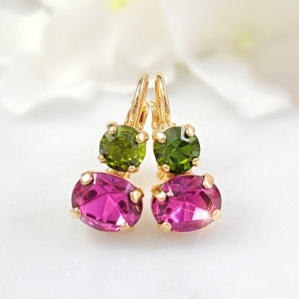 Pink Green Earrings WATERMELON TOURMALINE CRYSTAL Drops, Antique Copper, Bronze or Gold Droplet Rose Rhinestone Jewelry Gift for Her E9421A