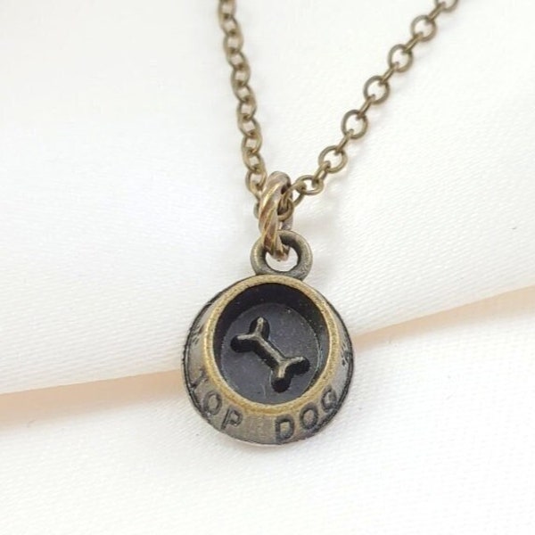 DOG LOVER NECKLACE Cute Puppy Jewelry, "Top Dog" Bowl Charm, Doggie Bone Veterinarian Pendant Bronze Dog Charm, Canine Pet Gifts N5128A