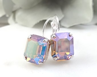 ALEXANDRITE CRYSTAL EARRINGS Silver Pink Ab Crystal Dangles, Dangling Light Purple Rhinestone Drops, Gemsicles Jewelry Gift for Her E3031B