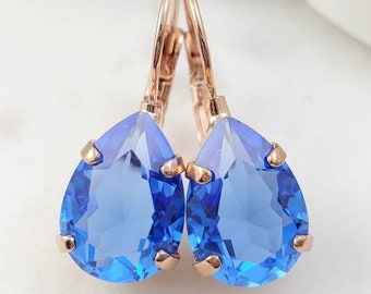 Blue Crystal Earrings Rose Gold Aquamarine Teardrops SAPPHIRE BLUE EARRINGS, Sky Blue Crystal Waterdrops, Aqua Blue Rhinestone Gift E3816A
