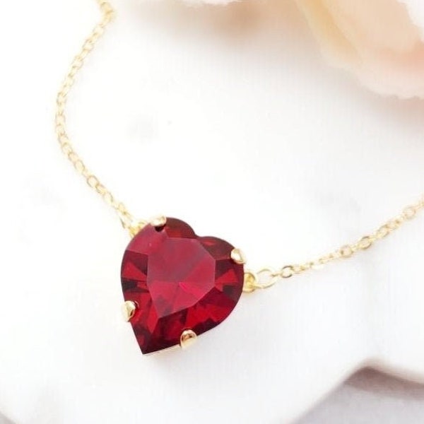 Ruby Heart Necklace BIG GOLD RED Crystal Heart Pendant, July Ruby Birthstone Jewelry Gift for Her, Romantic Ladies Valentine's Gifts N3115