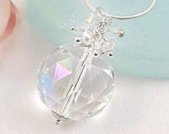 LIMITED Diamond Crystal Necklace Large Silver Sparkly Round Pendant, Big Iridescent Jewelry Gifts for Her, Clear Disco Ball Necklace N1100
