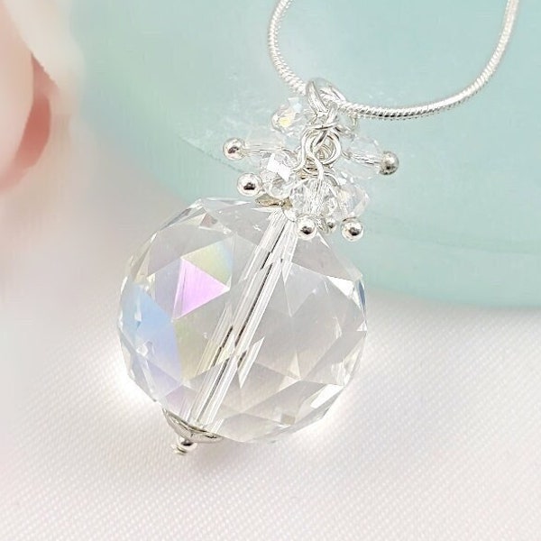 LIMITED Diamond Crystal Necklace Large Silver Sparkly Round Pendant, Big Iridescent Jewelry Gifts for Her, Clear Disco Ball Necklace N1100