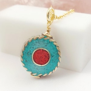 Coral & Turquoise Necklace, Gold Nepalese Malachite Necklace, Nepal Mosaic Gemstone Pendant, Artisan Red Coral and Turquoise Jewelry N1348