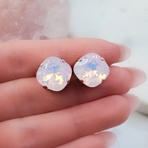 PINK OPAL STUDS Square Pink Crystal Earrings, Rose Quartz Studs, Blush Pink Moonstone, Opalite Stones, Copper Jewelry Gift for Her E9371A