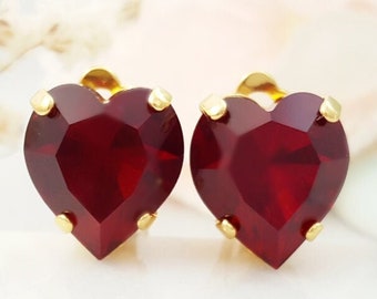 RED HEART Clip-On Earrings for Women, Gold Ruby Crystal Studs, Garnet Birthstone Ladies Jewelry Gift, Ladies Red Rhinestone Studs CL1037