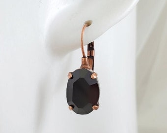 PENDIENTES NEGROS COLGANTES Colgantes de cristal ovalado negro azabache, regalos de joyería de pedrería de azabache de cobre vintage, pequeñas joyas de cristal negro E9398A