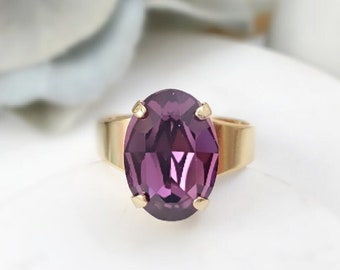 OVAL AMETHYST RING Gold Big Purple Crystal Adjustable Ring, Violet Rhinestone Ring, December Tanzanite Ring, Violet Birthstone Ring R3012A
