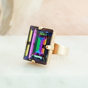 PURPLE BAGUETTE DIAMOND Ring Rose Gold Silver Big Rectangle Rainbow Stone, Peacock Crystal Stone, Multicolor Emerald Cut Princess R4024