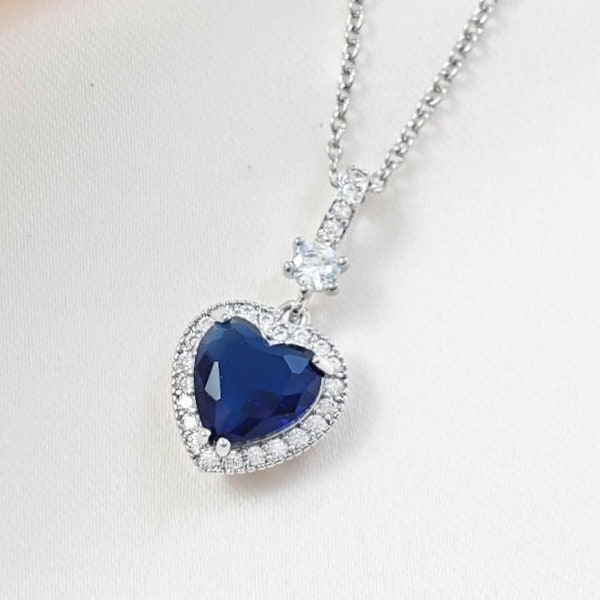 Sapphire Heart Necklace, SILVER BLUE Cz HEART Pendant, Romantic Gifts, Navy Blue Birthstone Jewelry, Cubic Zirconia Diamond Heart N2011A