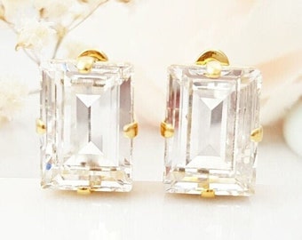 CLIP-ON Baguette Diamond Earrings Gold, Silver or Rose Gold Clear Non-Pierced Studs, Emerald-Cut Rectangle Stone Jewelry Gift CL1040