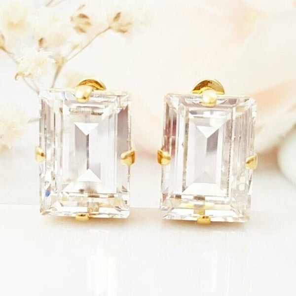 CLIP-ON Baguette Diamond Earrings Gold, Silver or Rose Gold Clear Non-Pierced Studs, Emerald-Cut Rectangle Stone Jewelry Gift CL1040