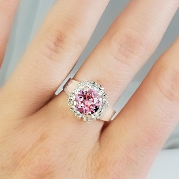 PINK CRYSTAL RING Silver Round Rose Tourmaline Ring, Pale Pink Stone, Sparkly Pink Sapphire Diamond Cluster Ring, October Birthstone R2071A