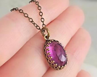 Amethyst Purple Necklace, Victorian Round Purple Crystal Ring, Vintage-Style Bronze Pendant, February Birthstone Jewelry R5014