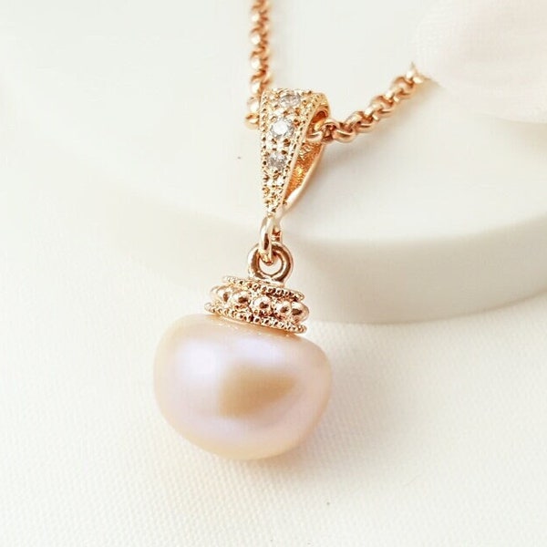 ROSE GOLD PEARL Necklace, Ivory Freshwater Pearl Drop, Blush Wedding Jewelry, Cubic Zirconia Diamond Bridal Dangle, Real Pearl Gifts N4203