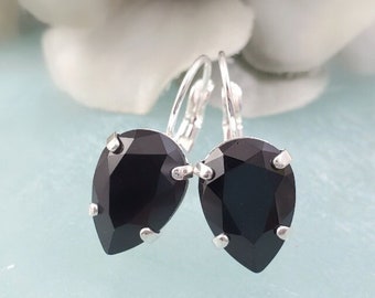 BLACK CRYSTAL EARRINGS Silver Dangling Teardrops, Jet Black Onyx Rhinestone Dangles, Dark Statement Cluster, Jewelry Gifts for Women E3285A