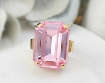 Pink Statement Ring Gold Rose Tourmaline Crystal Jewelry, BIG PINK BAGUETTE, Faceted Rectangle Stone, Ladies Cocktail Ring Gifts R3044A