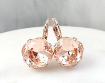 PEACH CRYSTAL EARRINGS Rose Gold Morganite Dangles, Tourmaline Birthstone Drops, Square Peachy Topaz Crystal Jewelry Gifts for Her E1435A
