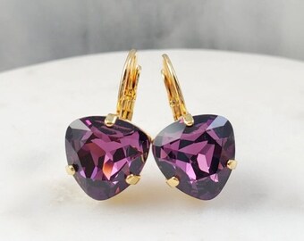 Amethyst Earrings or GOLD DIAMOND EARRINGS, Clear or Purple Trilliant Drops, Crystal Triangle Tear Drops, Vintage Rhinestone Gifts E3641
