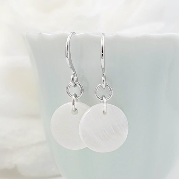 MOTHER of PEARL Disc Earrings, Pearl Disk Necklace, White Pearl Drops, Ivory Bridal Proposal Gifts, MOP Dangles, Flat Pearl Droplet, E4214