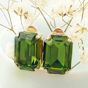 GREEN CLIP-ON Ladies Earrings Olive Green Crystal Baguette Non-Pierced Stud Gold Tourmaline Birthstone Gifts, Emerald Cut Gem CL1049