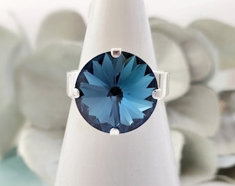 ANILLOS AZUL ZAFIRO para mujer, joyería de cristal, anillo de cóctel de declaración de plata grande, novia de regalo algo azul, piedra de nacimiento de circón azul R5057A