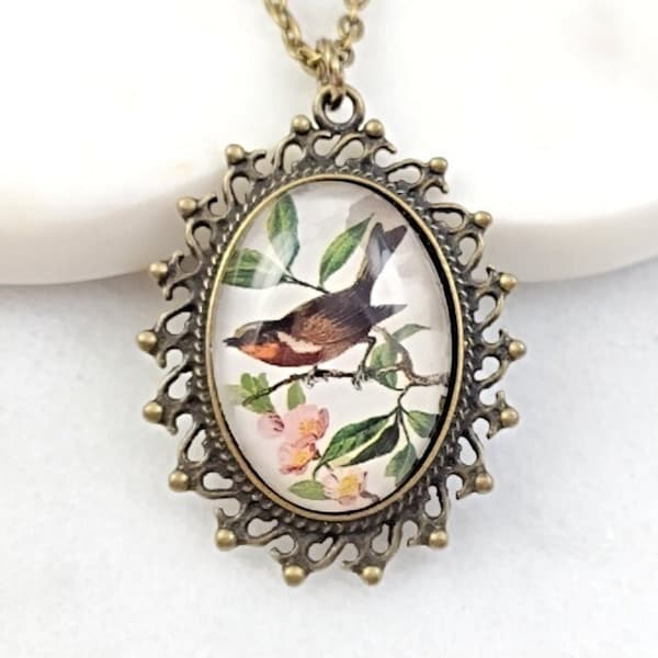 VINTAGE BIRD NECKLACE, Antiqued Bronze Red Robin Pendant, Victorian Dove Jewelry Gifts, Pink Rose w/ Redbird on Branch, Gardener Gift N5907A