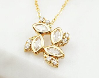GOLD DIAMOND NECKLACE, Cubic Zirconia Gift for Mother, Clear Cz Crystal Pendant, Marquise Jewelry Gifts, Gold Leaf Garland Pendant N2478