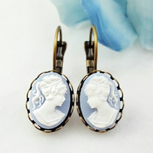 Blue and White CAMEO EARRINGS Sage Green Rose Vintage-Inspired Ladies Jewelry, VICTORIAN Bridal Dangles, Rose Oval Portrait Earrings E6501