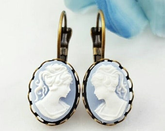 Blue and White CAMEO EARRINGS Sage Green Rose Vintage-Inspired Ladies Jewelry, VICTORIAN Bridal Dangles, Rose Oval Portrait Earrings E6501