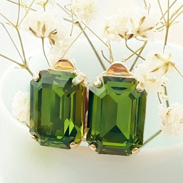 GREEN CLIP-ON Ladies Earrings Olive Green Crystal Baguette Non-Pierced Stud Rose Gold Tourmaline Birthstone Gifts, Emerald Cut Gem CL1049