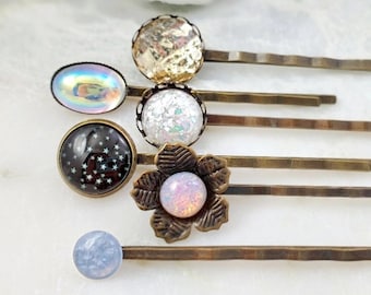 VINTAGE PINK FIRE Opal Hairpin Set of 6 Celestial Bobby Pins Galaxy Hair Clips, Blue Crystal & White Pearl Iridescent Hair Pins H4122B