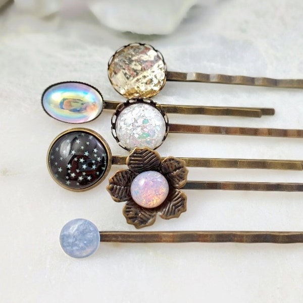 VINTAGE PINK FIRE Opal Hairpin Set of 6 Celestial Bobby Pins Galaxy Hair Clips, Blue Crystal & White Pearl Iridescent Hair Pins H4122B