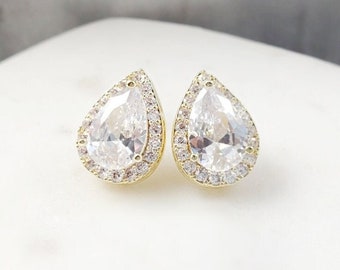 CZ Teardrop Studs Classic Wedding Gold, Silver or Rose Gold Bridal Earrings, Large Cubic Zirconia Diamond Tear Drop Studs E2162A