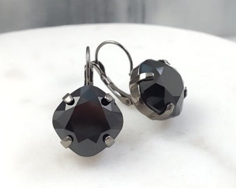 SQUARE BLACK EARRINGS Jet Rhinestone Drops, Choose Your Finish, Onyx Black Cushion Cut Crystal Dangles, Gold, Silver or Gunmetal E3911A