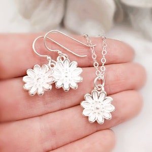 SILVER DAISY EARRINGS Sterling Silver Flower Charm Necklace, Floral Jewelry Set Gifts for Her, Dangling Cherry Blossom Wedding Party SN2018