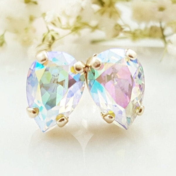 IRIDESCENT DIAMOND EARRINGS Gold or Silver Ab Teardrop Crystal Earrings, Sparkly Small Pear Studs, Tiny Iridescent Rhinestone Earring E3578
