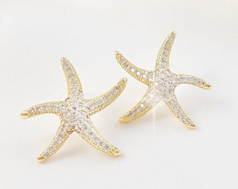 BIG Gold Starfish Earrings Beach Themed Wedding Jewelry, Rose Gold Diamond Star Fish Studs, Silver Ocean Bridal Earrings CZ E2823A