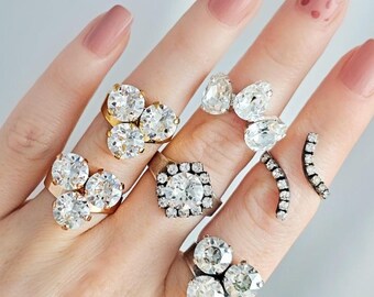 DIAMOND CRYSTAL RING, Multi Stone Rings Made w/ Clear Swarovski Crystals, Adjustable Rings, Cocktail Ring, Silver Cushion Cut Ring R2068A