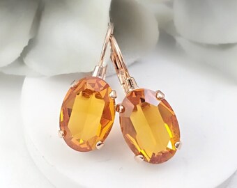 OVAL TOPAZ EARRINGS Rose Gold Yellow Diamond Droplets, Citrine Crystal Dangle Earrings, Golden Yellow Citrine Sunflower Drop Earrings E3951A