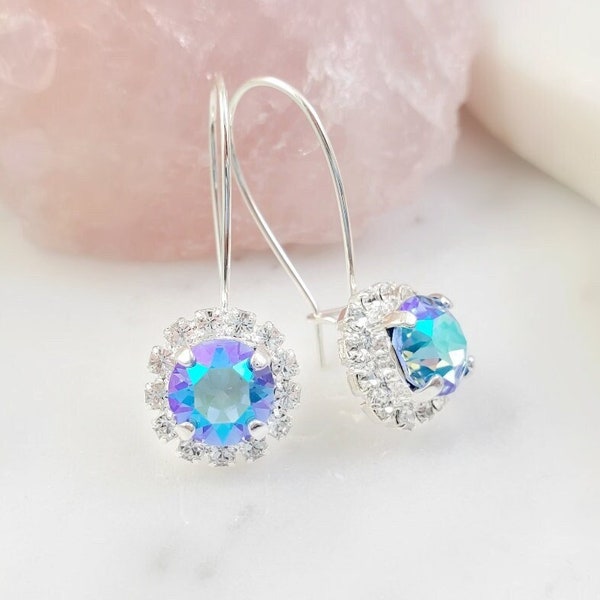 Aquamarine Earrings Silver BLUE or PINK CRYSTAL Drops, Long Aqua Ab Dangling Earrings, Turquoise Drops Blue Zircon Rhinestone Dangle CL1003A