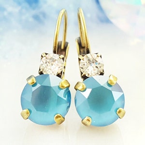 TINY TURQUOISE & DIAMOND Earring, Antique Bronze Iridescent Crystal Ab Drops, Aquamarine Blue Birthstone Jewelry Gift, March, December E9389